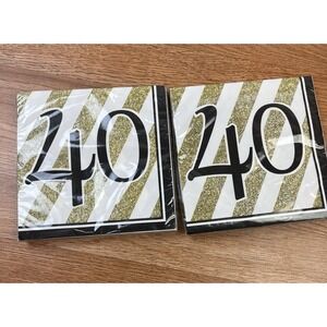 Lot of 2 Packages of 16, 40th Birthday Napkins Black/Gold/White 32 Total‎ NEW